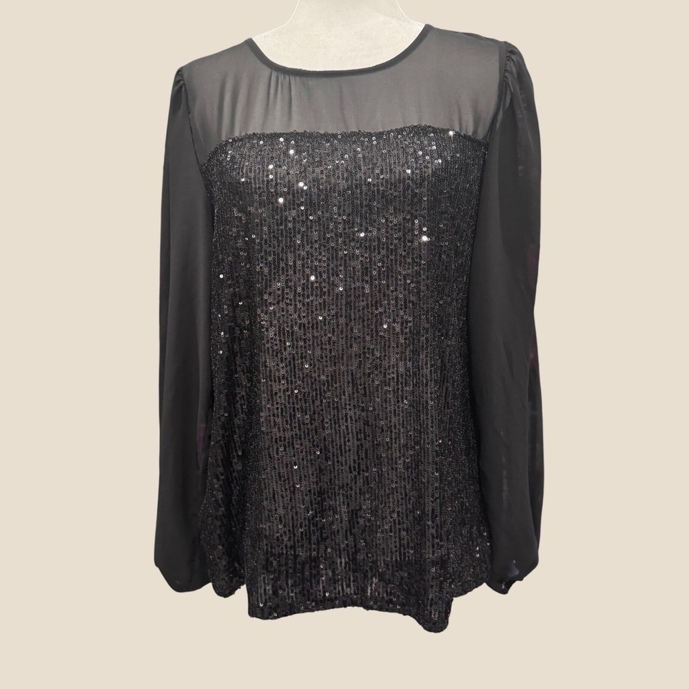 CeCe Sequin Sheer Sleeve Top Womens L Black Excellent Cocktail Party Blouse